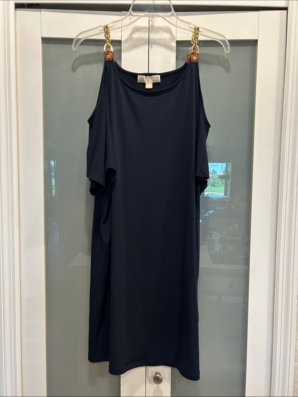 Michael Kors Black One-Shoulder Dress with Gold Chain Straps